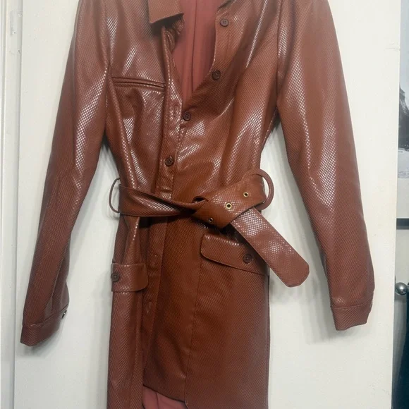 Camila Coelho Brown Faux Leather Longline Coat Dress S •Fall•70s Inspired•Chic - Picture 1 of 3
